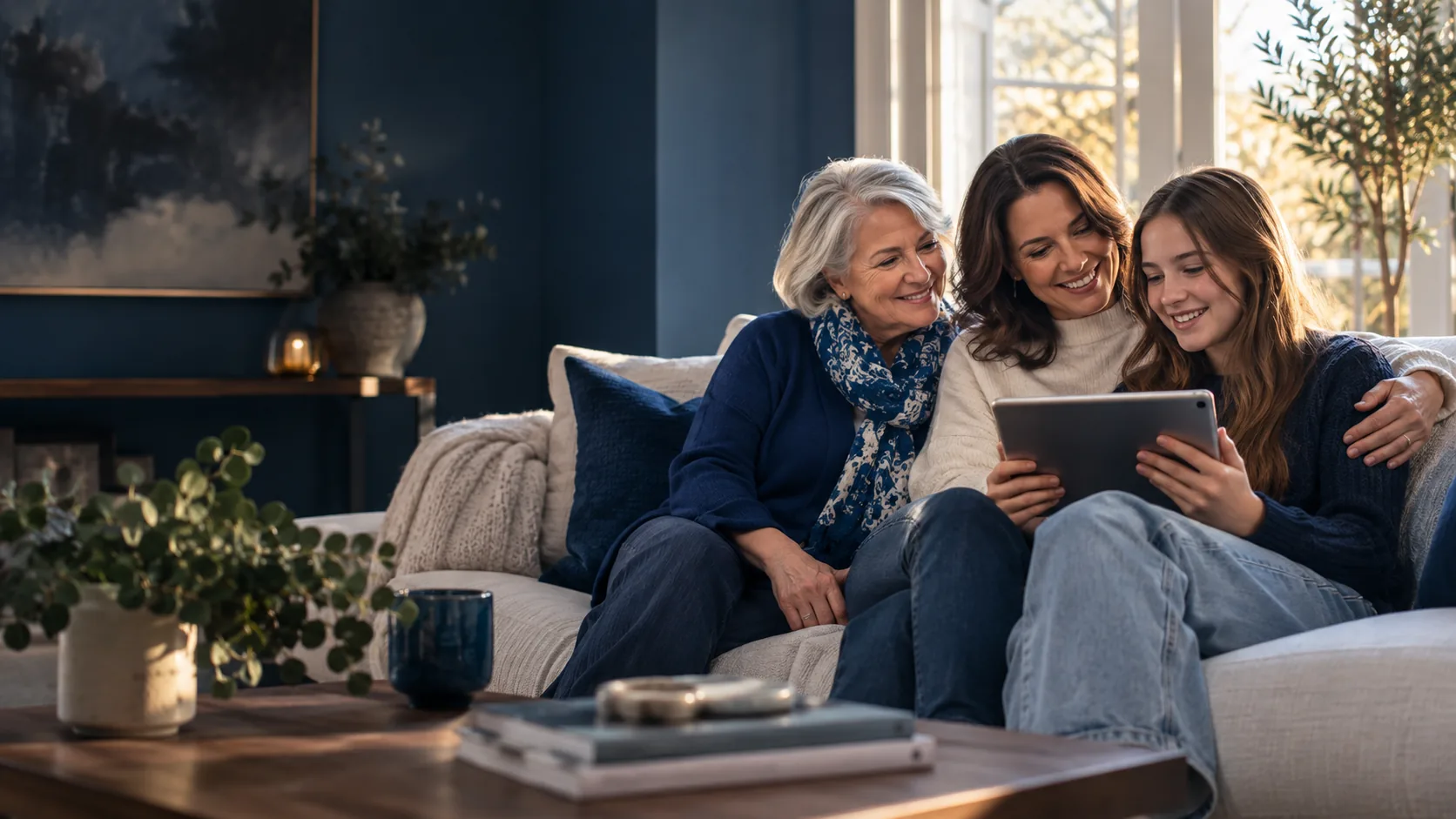 Three generations of a family sharing a tablet at home