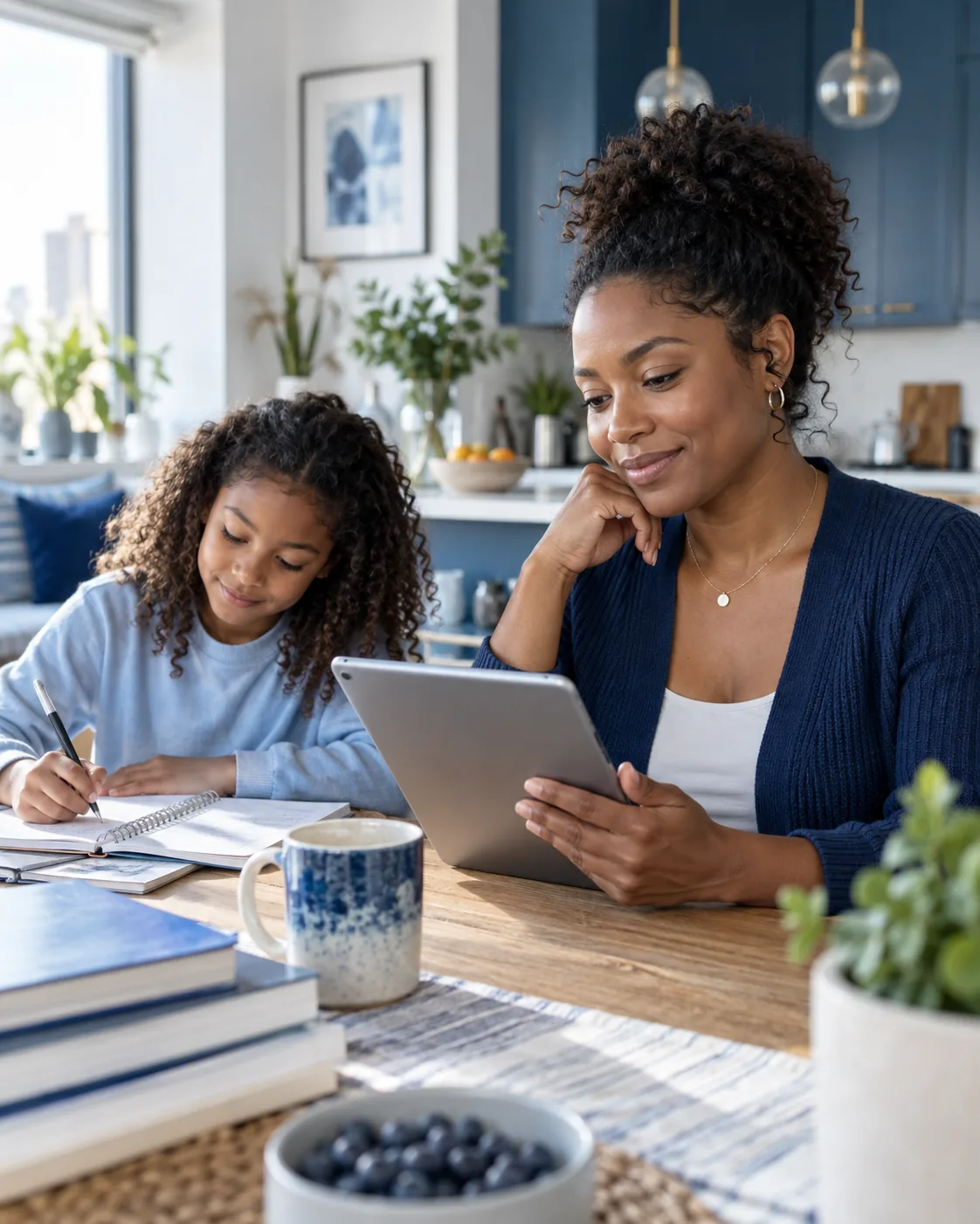 Mother and daughter using a tablet together at a kitchen table
