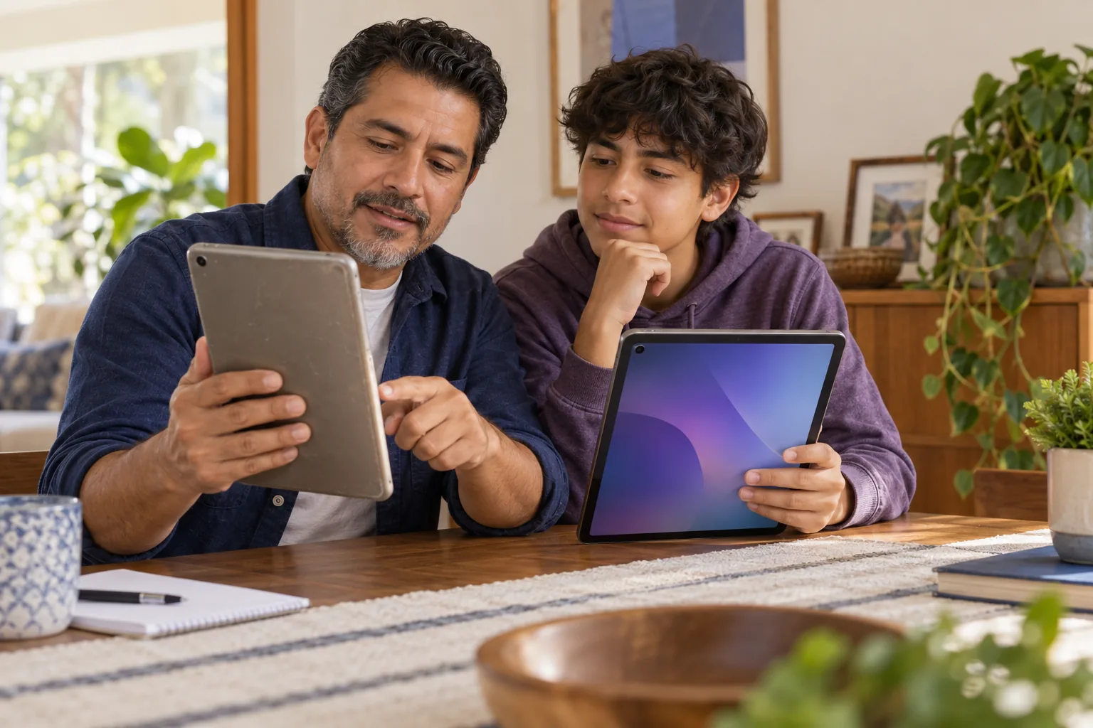 Father and teenage son comparing two tablet options at home